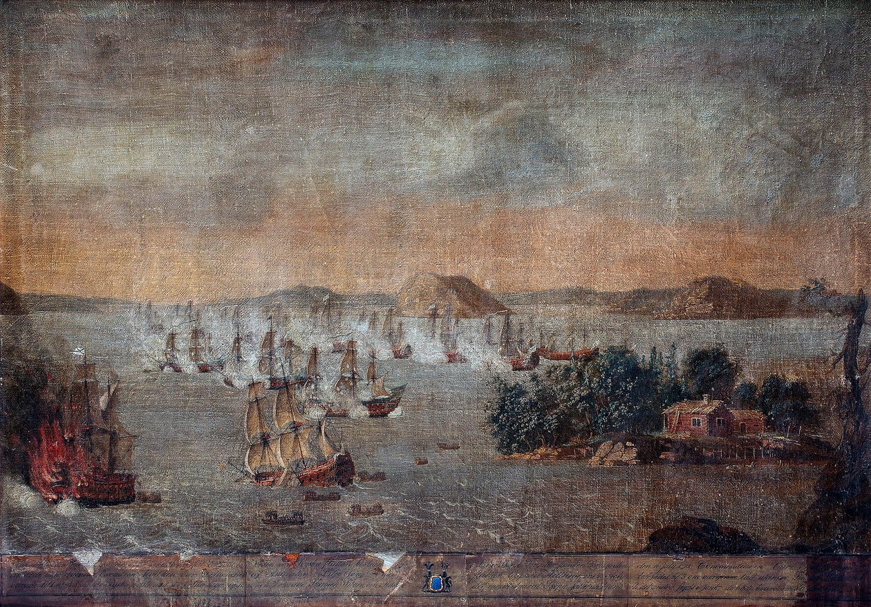Slaget ved Hogland - Under den store nordkrigen, sjøslaget 22. juli 1713 mellom Sverige og Russland - Slaget ved Hogland 22. juli 1713 - Maleri av ukjent kunstner av Anonymous Anonymous