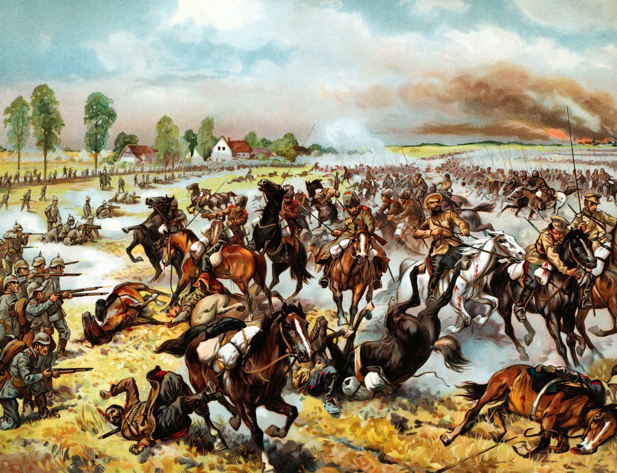 Slaget ved Tannenberg (nå Stebark, Polen) (1914) - mellom den tyske 8. armé og den russiske 1. og 2. armé - Slaget ved Tannenberg, august 1914 - Anonym - 1914 - Fargelitografi - 32,6x41,8 - Privat samling av Anonymous Anonymous