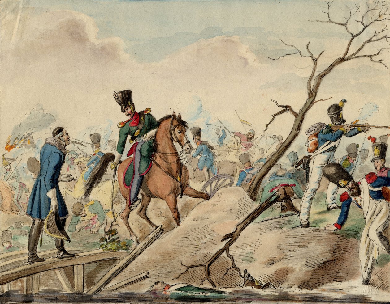 Bataille de Leipzig (bataille des Nations) - En episode fra slaget ved Leipzig - Anonym - 1813 - Akvarell på papir - 16,2x20,8 - Privat samling av Anonymous Anonymous