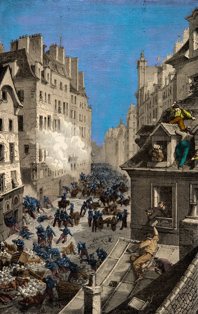 Slaget ved barrikaden av Rue Saint Antoine i 1830, gravering, privat samling av Anonymous Anonymous