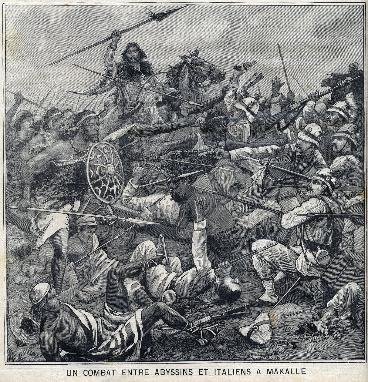 Battle between Abyssins of Menelik II and Italians in Makalle, Ethiopia. Engraving in “” Le Petite Parisien”” av Anonymous Anonymous