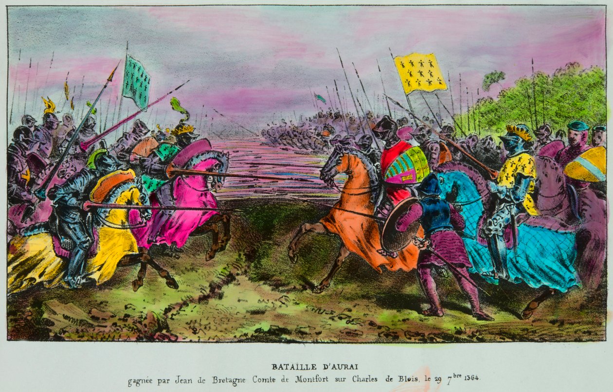 Slaget ved Auray den 29. september 1364, siste slag etter rekkefølgen av Bretagne mellom en anglo-bretonsk hær mot ordre fra John IV av Bretagne (John III av Montfort, Jean Le Conquereur eller Le Vaillant av Anonymous Anonymous