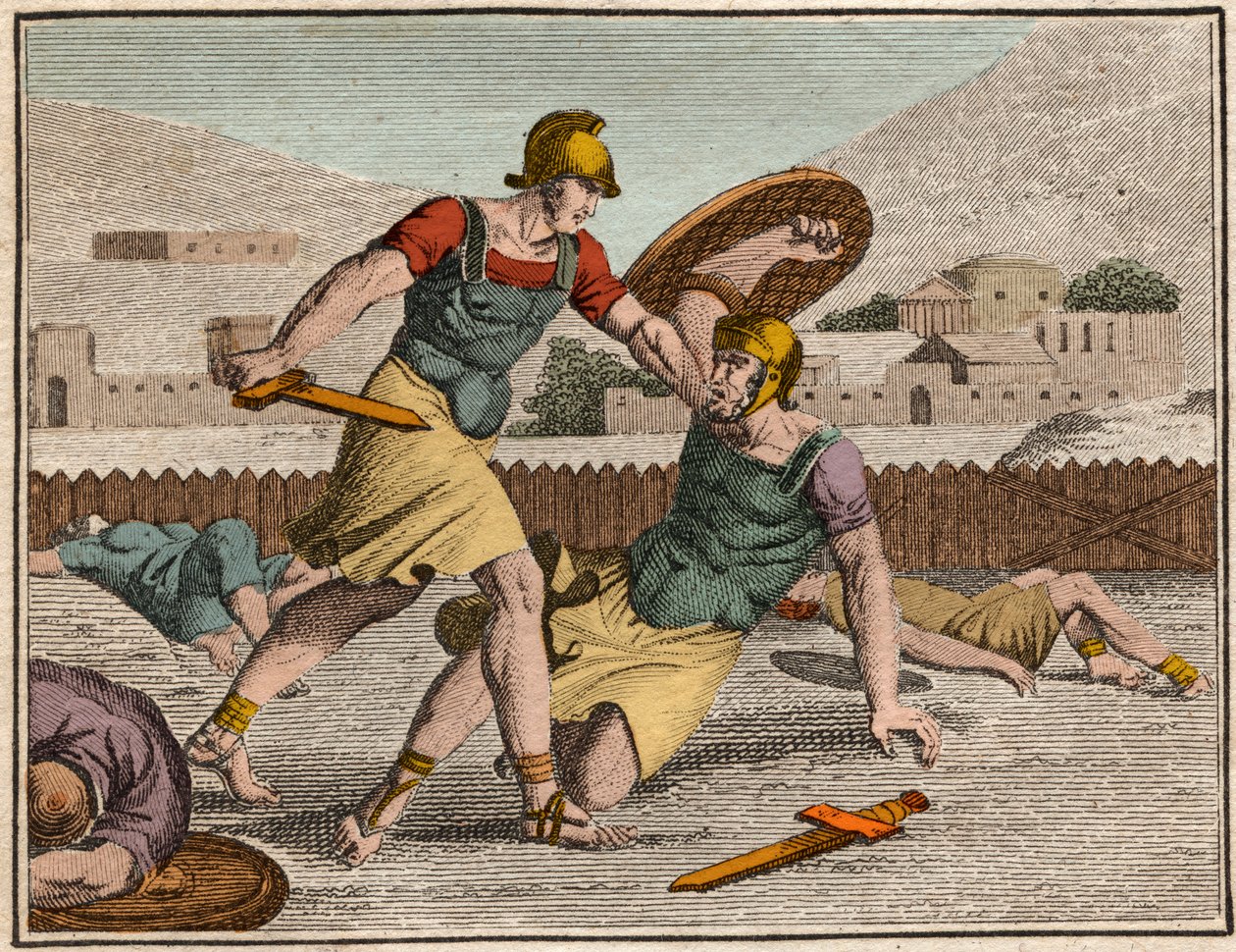 Battle of Horaces and Curiaces - Kamp mellom Horatii og Curiatii - Gravering fra "" The Rollin of Youth eller utvalgte stykker av antikke og romerske historier"" 1816 - Privat samling av Anonymous Anonymous