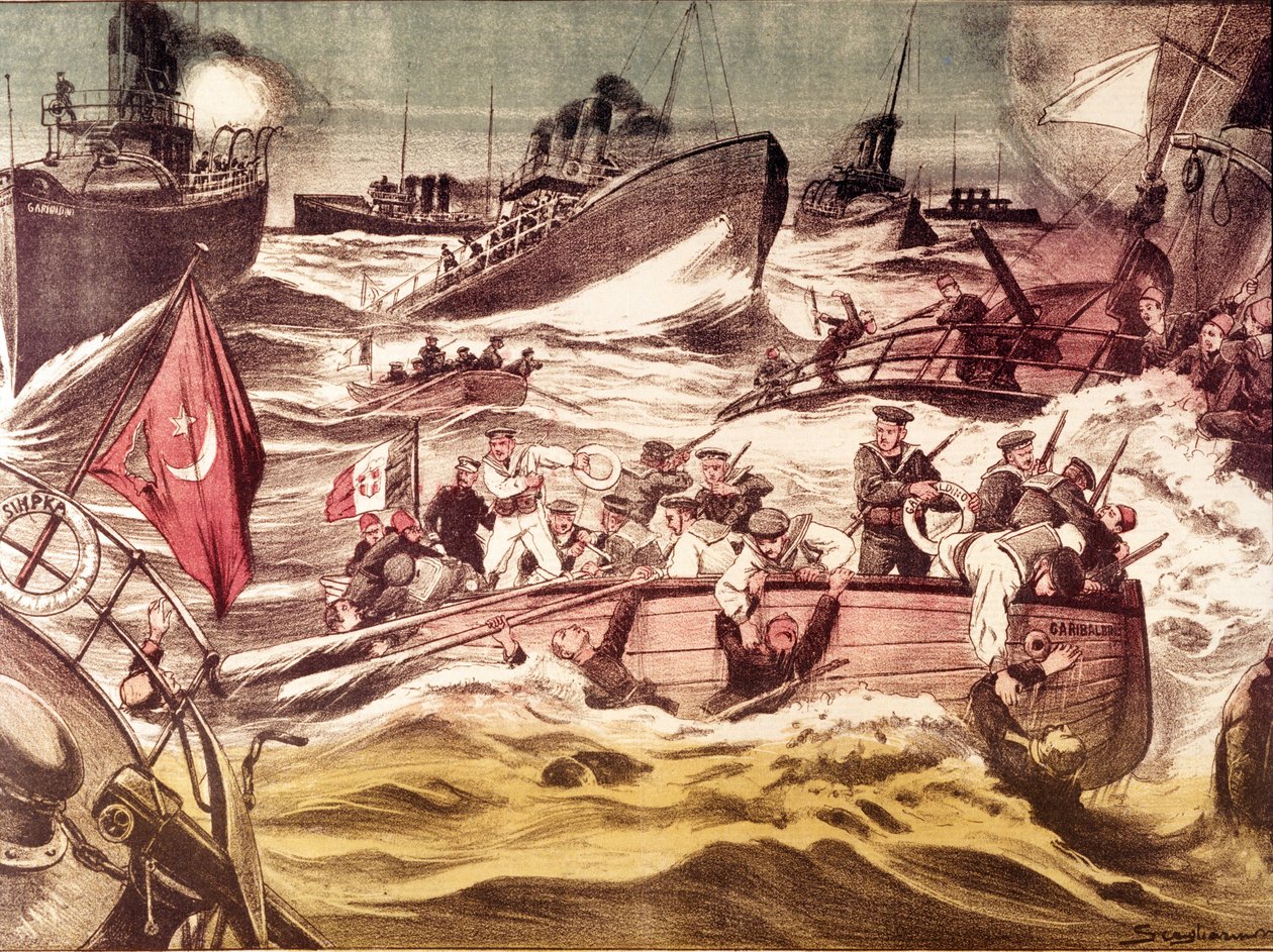 Slaget ved Kunfuda (Kunfida Kunfidah): sjøslag utkjempet 7. og 8. januar 1912, under den italiensk-tyrkiske krigen (1911-1912), i Rødehavet, foran havnen i Kunfuda, Saudi-Arabia. av Anonymous Anonymous