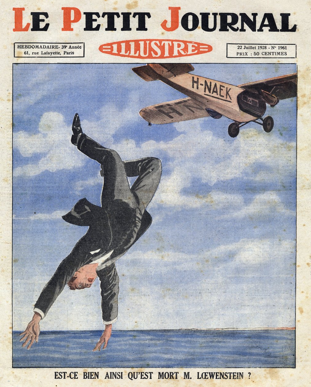 Den belgiske bankmannen Alfred Loewenstein døde (1877-1924) da han falt fra et fly ned i vannet i den engelske kanal 4. juli 1928, «Le petit journal illustre» av Anonymous Anonymous