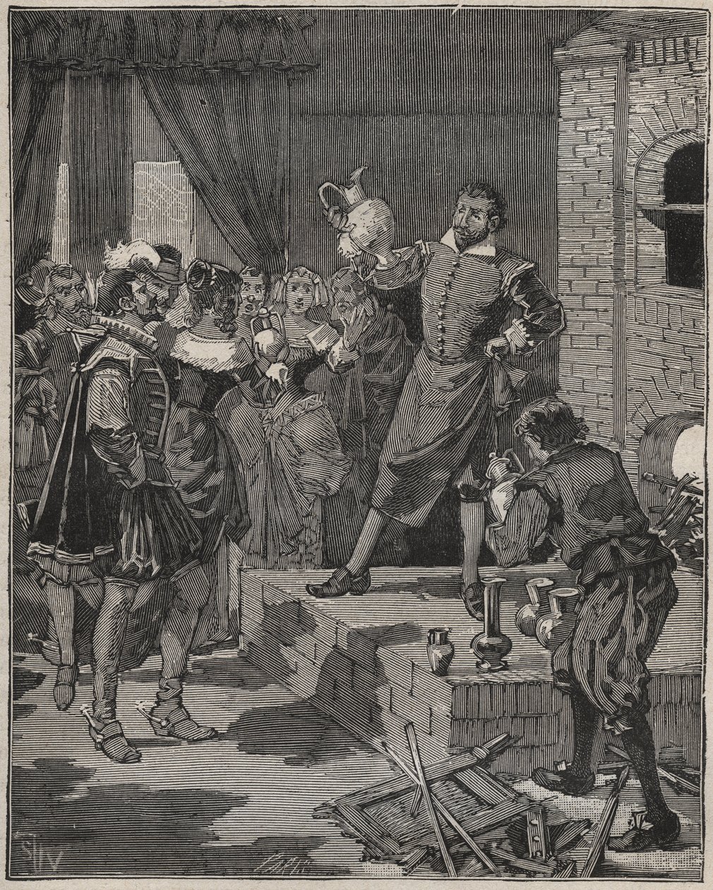 Bernard Palissy (1510-1589), fransk triumferende keramiker, fjerner sine første emaljebiter fra ovnen. Gravering fra 1880 i "" Les arts et metiers illustres"" av Adolphe BITARD. av Anonymous Anonymous