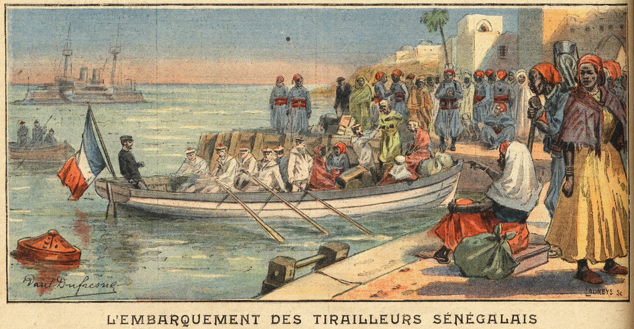 Ombordstigning senegalesiske ryttere med sin kone. Gravering fra avisen "" Le Petite Parisien"", 22.03.1908. Privat samling. av Anonymous Anonymous