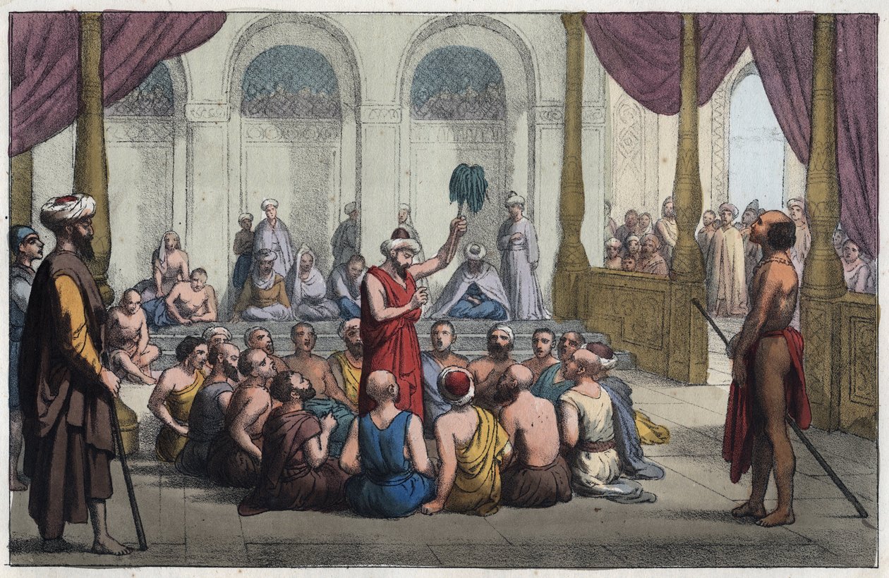 Brahmins singing praises to the god Rama - Brahmanes chant the praises of god Rama - engraving from “” Usi e Costumi di Tutti i i Popoli dell
