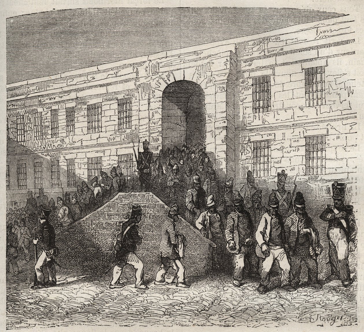Brests fengsel på 1800-tallet. Gravering i «Fangernes historie fra deres skapelse til i dag» (1877) av Pierre Zaccone (1817-1895) (Colonia Penale - Straffekoloni). Privat samling. av Anonymous Anonymous