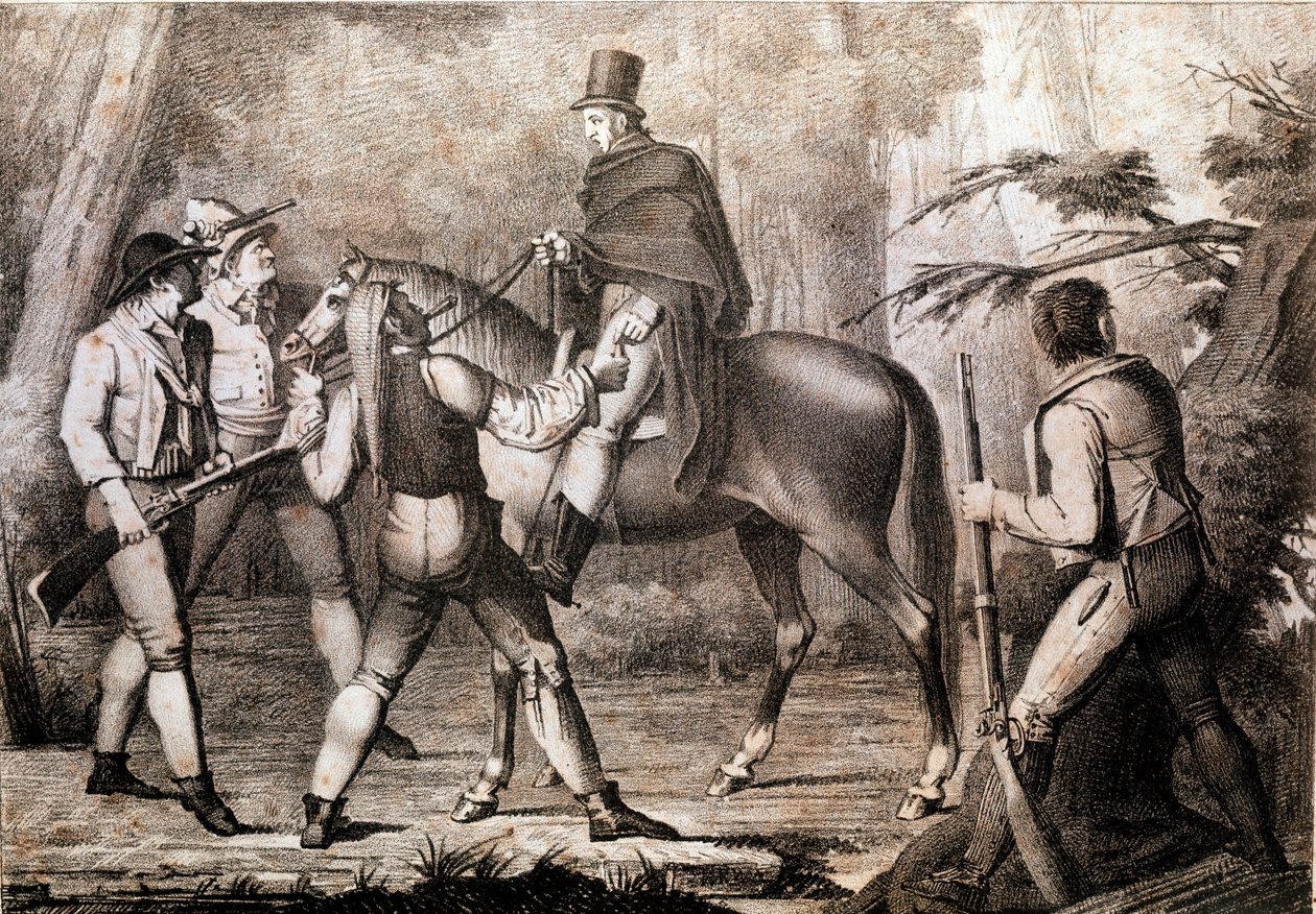 Brigander angriper en hestereisende 1800-tallet Skriv ut Privat samling av Anonymous Anonymous