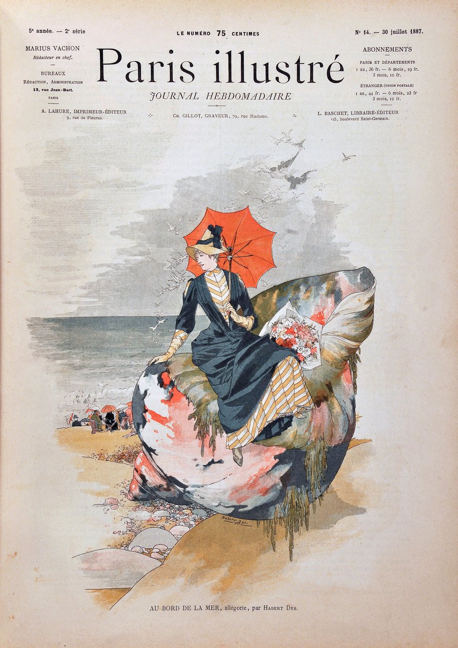 By the sea, allegory by Habert Dys. Elegant woman with an umbrella sitting on a giant shell poses on the sand of a beach. Engraving from 1887 in “” Paris-Illustrous journal weekly””. av Anonymous Anonymous