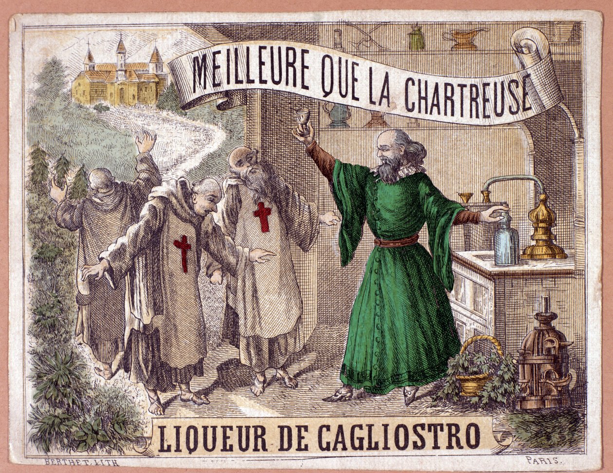 Cagliostro-likør laget av destillasjon av aromatiske urter av munker. kromolitografi fra 1800-tallet. av Anonymous Anonymous