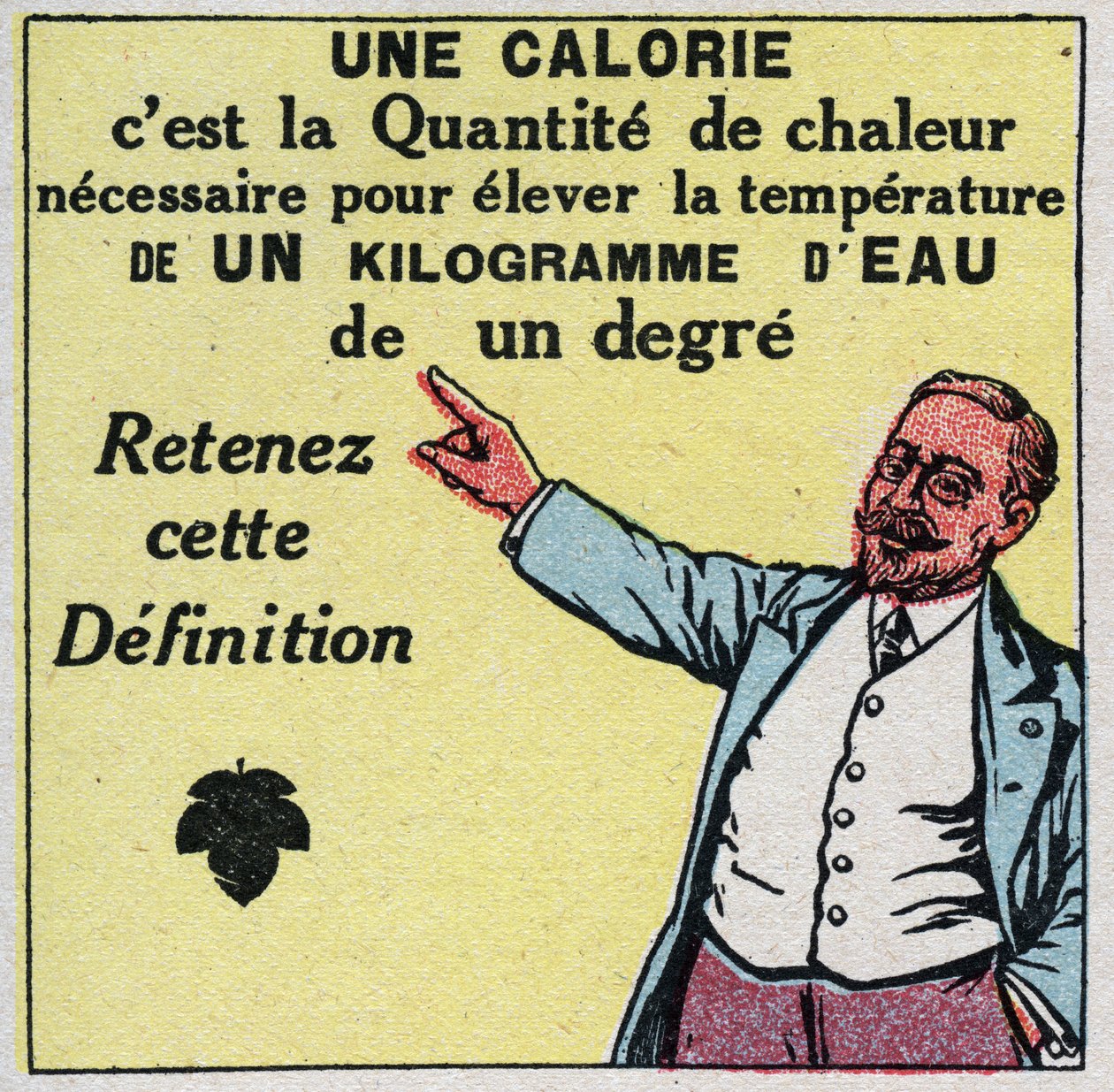 Kalorimetri: en kalori er mengden varme som trengs for å heve temperaturen på ett kilo vann med én grad. Anonym illustrasjon fra 1925. Privat samling. av Anonymous Anonymous