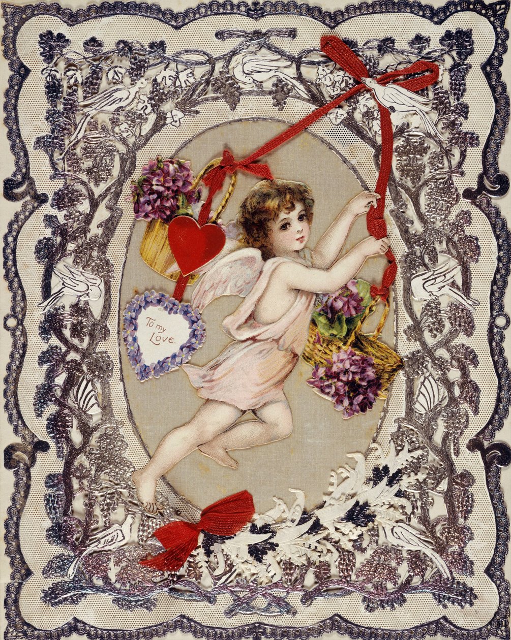 Valentinsdagskort - Anonymt arbeid, litografi, decoupage, blonder og bånd, ca. 1860-1870 - Valentinsdagskort, Blandede medier om bord - Privat samling av Anonymous Anonymous