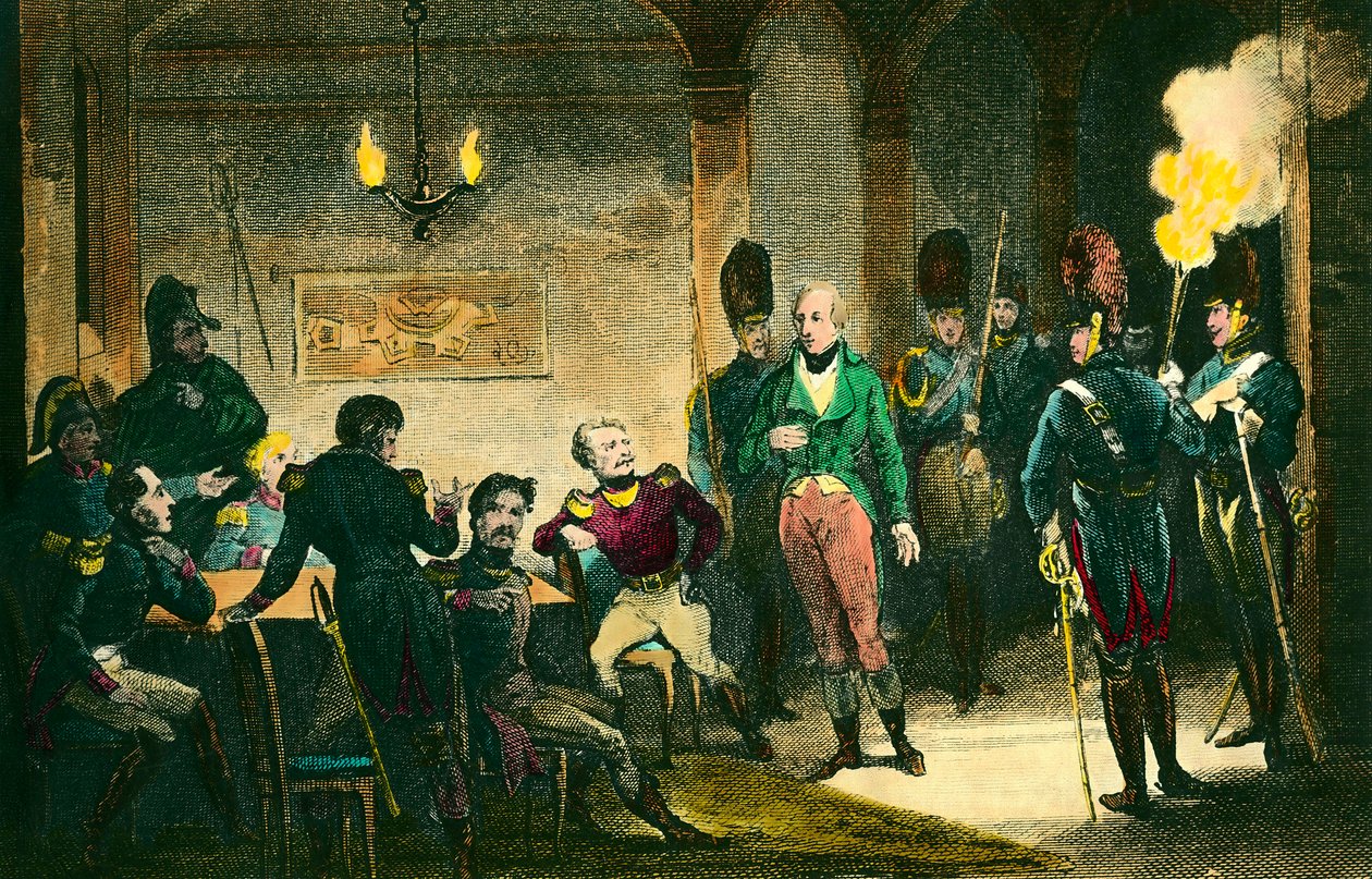 Sak om Louis de Bourbon, hertugen av Enghien (1772-1804): rettssak mot prinsen mistenkt for å ha konspirert mot den første konsulen Napoleon Bonaparte, han ble dømt og henrettet uten bevis. Gravering fra 1804. Privat samling - The Judgem av Anonymous Anonymous
