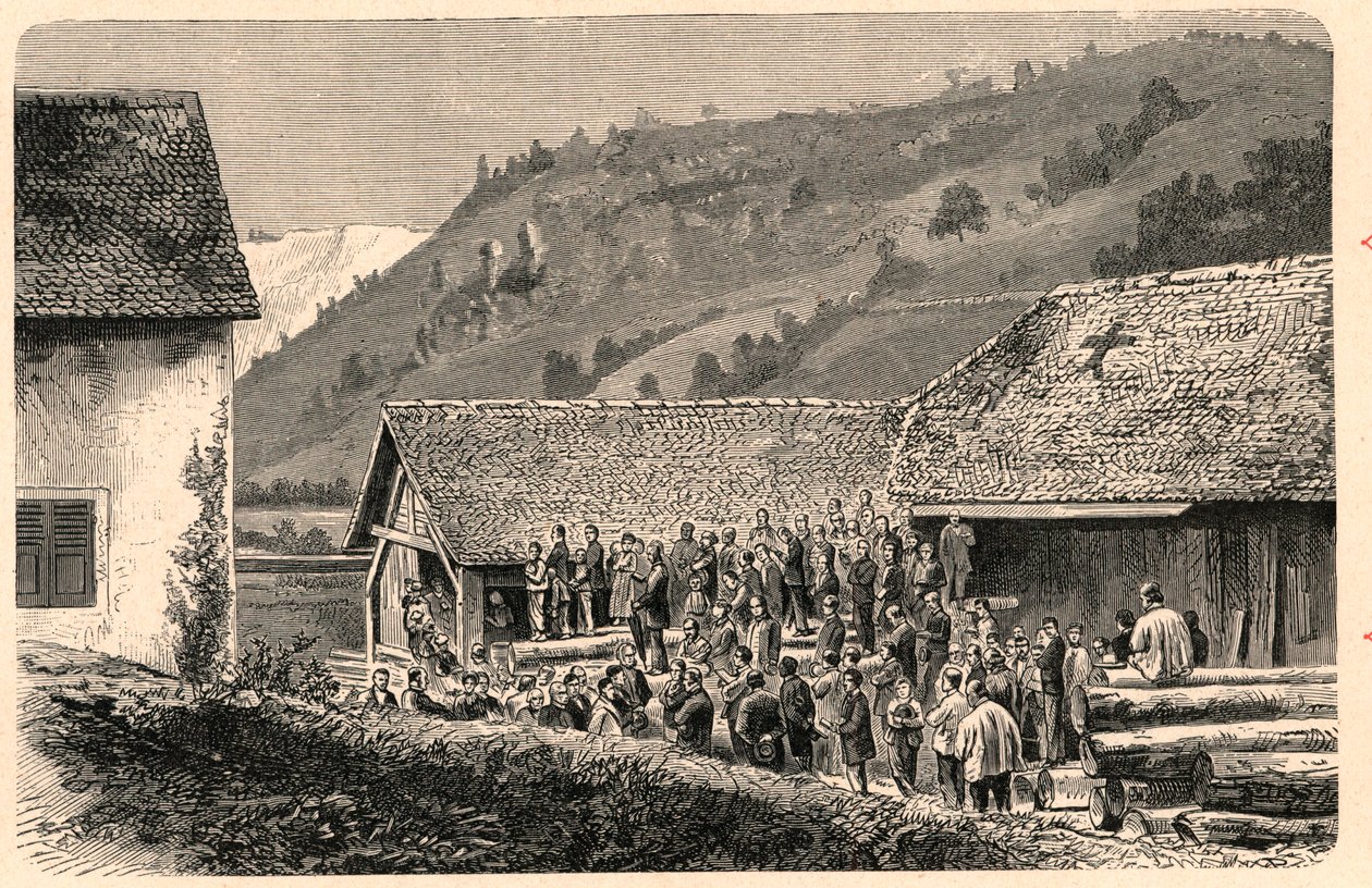 Feiring av katolsk tilbedelse i Saint Ursanne (Saint Ursanne) i Sveits i 1874, etter et fotografi. Gravering i "The Catholic Missions in the XIXth Century" av Louis-Eugene (Louis Eugene) Louvet. privat samling. av Anonymous Anonymous