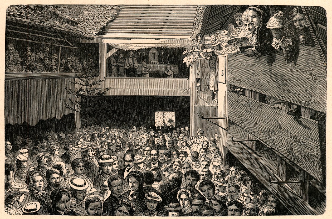 Feiring av den katolske tilbedelsen i Porrentruy, Sveits i 1874, etter et fotografi. Gravering i «Les Missions Catholiques au XIXeme Siecle»» av Louis-Eugene (Louis Eugene) Louvet. privat samling. av Anonymous Anonymous