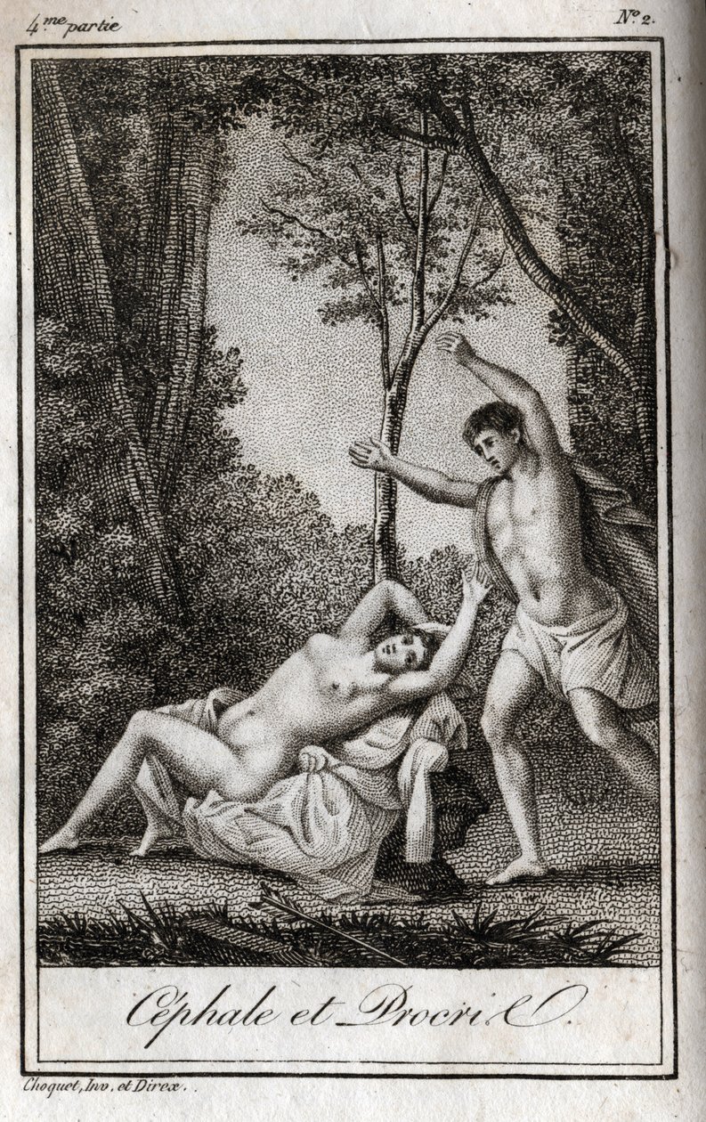 Cephale og Procris (Cephalus) elskere. Gravering fra 1819 i «Lettres a Emilie sur la mythologie» av Charles Albert Demoustier (1760-1801). Privat samling. av Anonymous Anonymous