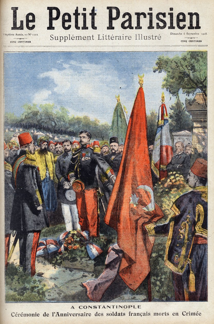 Seremoni i Konstantinopel i det bysantinske riket (Istanbul, Tyrkia) for årsdagen for de franske soldatene som døde på Krim. En av avisen "" Le petit parisien"" den 6/09/1908. Privat samling. av Anonymous Anonymous