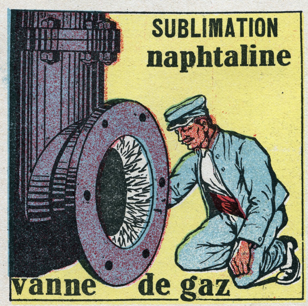 Endringer i tilstander: sublimering. Naftalindepot som tetter en gassventil. Anonym illustrasjon fra 1925. Privat samling. av Anonymous Anonymous