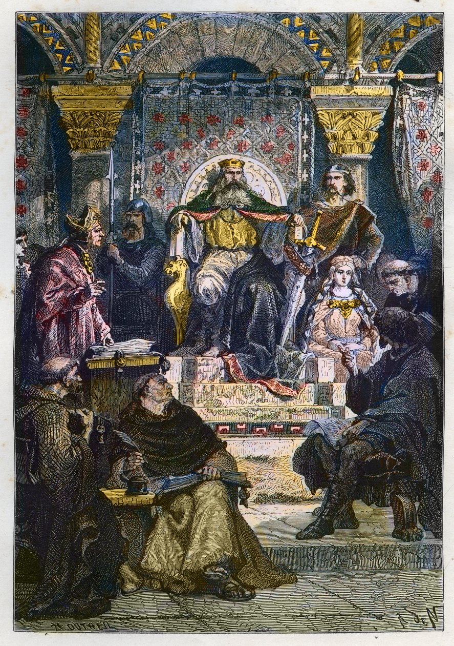 Karl den Store (742 - 814) på sin trone presiderer over Slottsakademiet - Karl den store (747-814) Kongen av frankerne og den kristne keiseren av Vesten som presiderer over Slottsskolen i Aachen (Aachen) - gravering fra "" L' histoire de Fran av Anonymous Anonymous