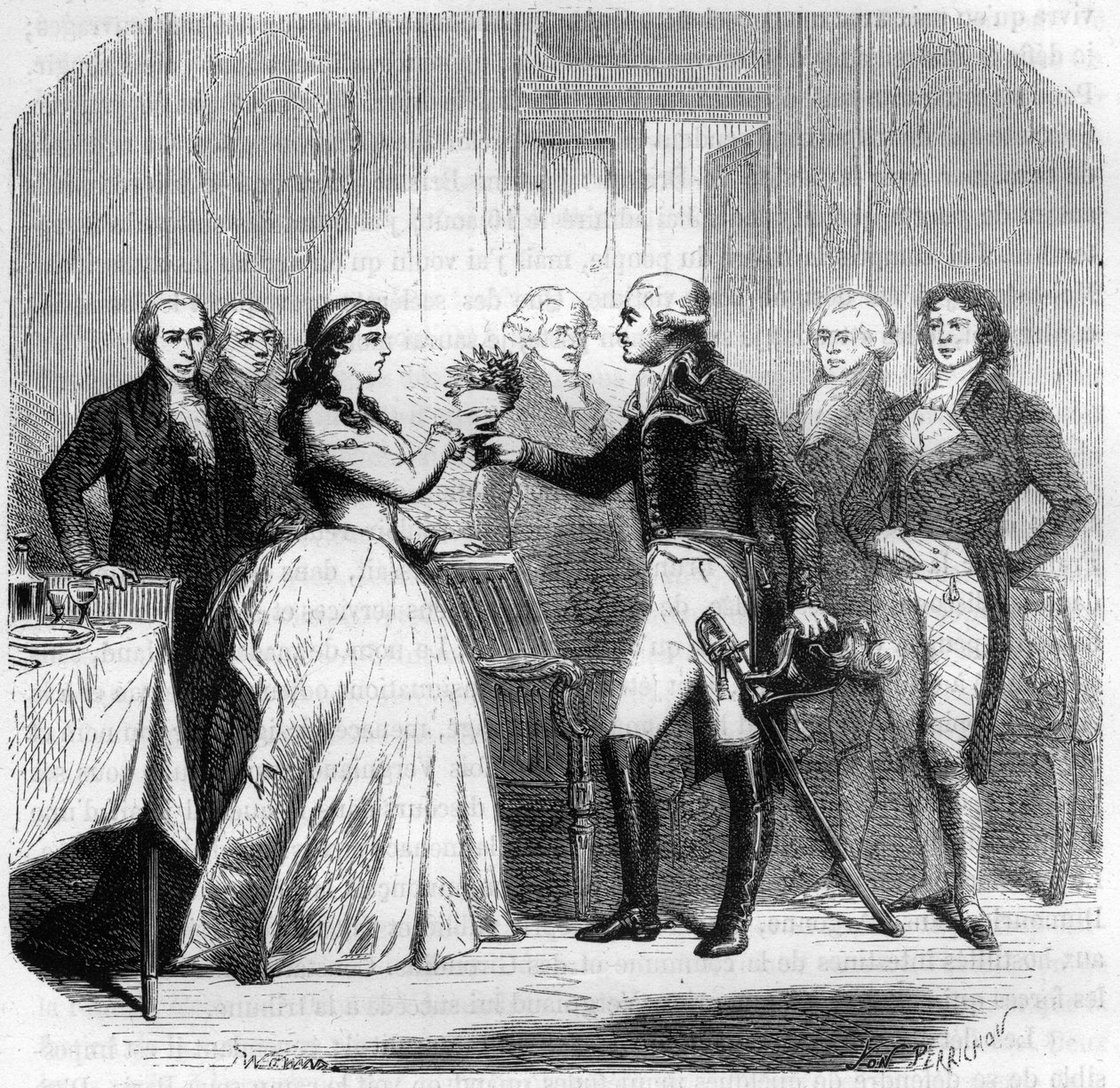 Charles Francois du Perier dit Dumouriez (1739-1823), fransk general ved Madame Roland (Manon Roland) (1754-1793) - Gravering i "Histoire des Girondins" av Alphonse de Lamartine (1790-1869) 1865-1866 - Privat samling av Anonymous Anonymous