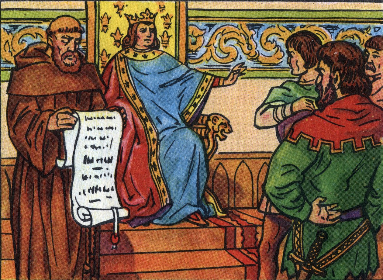 Charles IV the Bel (1294-1328) påla herrene sin vilje. Anonym illustrasjon i ""Samling av Frankrikes suverene og statsoverhoder"". Det 20. århundre. Privat samling. av Anonymous Anonymous
