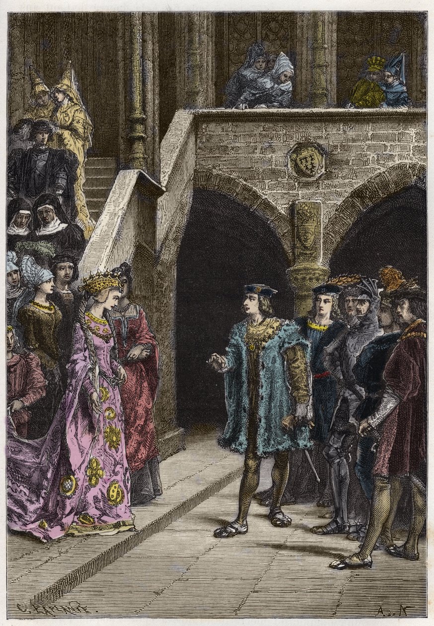 Charles VIII og Anne av Bretagne - Møte mellom kong Charles VIII (1470-98) og dronning Anne av Bretagne - gravering fra "" Frankrikes historie fortalt til mine barnebarn"" - av Francois Guizot - 1872-1876 av Anonymous Anonymous