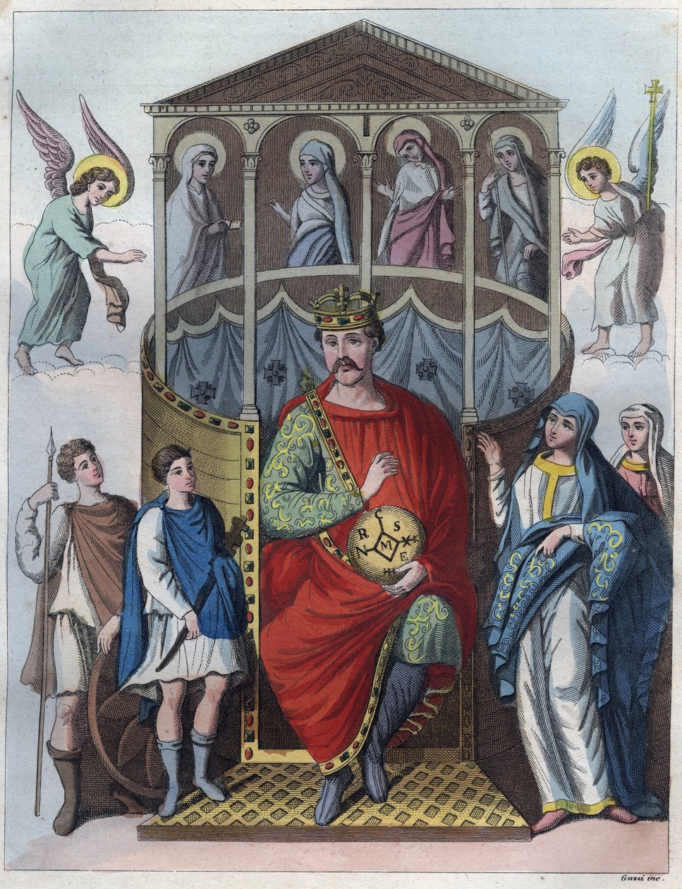 Karl den skallede, kongen av Vest-Frankrike, Italia, og den hellige romerske keiser, 823 - Portrett av Karl II den skallede (823 - 877), konge av Frankrike, gravering fra "" Skikker og skikker til alle folkeslag i universet. Det er historien til regjeringe av Anonymous Anonymous