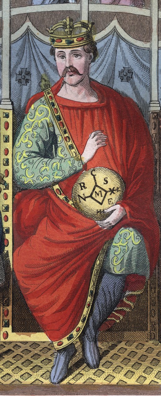 Karl den skallede, kongen av Vest-Frankrike, Italia, og den hellige romerske keiseren, 823 - Portrett av Karl II den skallede (823 - 877), konge av Frankrike, gravering fra "" Skikker og skikker til alle folkeslag i universet. Det er historien til regjerin av Anonymous Anonymous