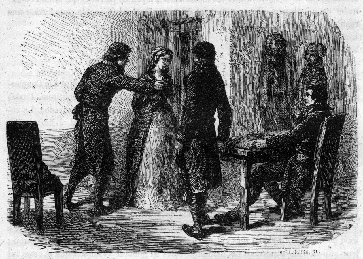 Charlotte Corday (1768-1793) gravd ut av Francois Chabot (1756-1794) - Gravering i "Histoire des Girondins" av Alphonse de Lamartine (1790-1869) 1865-1866. Privat samling av Anonymous Anonymous
