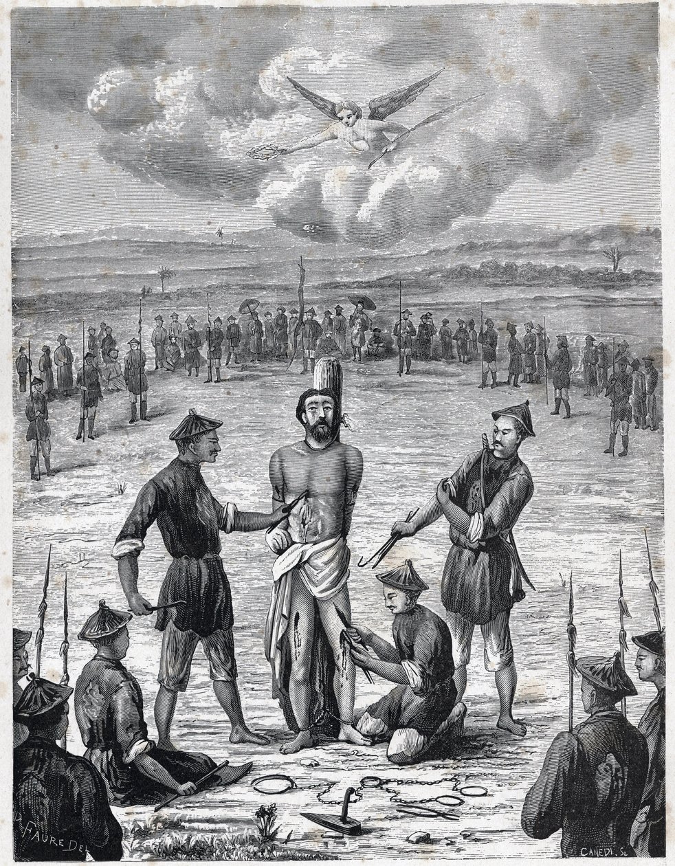 Kristenforfølgelse: Den franske misjonærpresten Joseph Marchand led "pine av de hundre sårene" i Cochinchina 30. november 1835. Gravering i "Les Missions Catholiques au XIXeme Siecle"" av Louis-Eugene (Louis Eugene) Louvet. privat  av Anonymous Anonymous