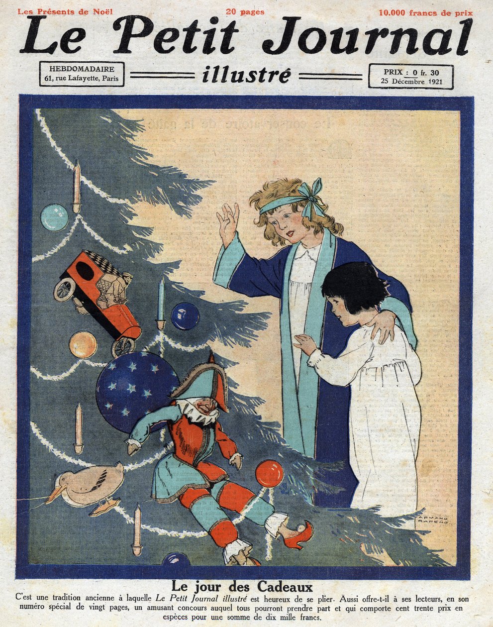 Julefest: barn oppdager gaver ved foten av juletreet. Illustrasjon hentet fra “” Le petit journal”” fra 25/12/1921 Samling privee av Anonymous Anonymous
