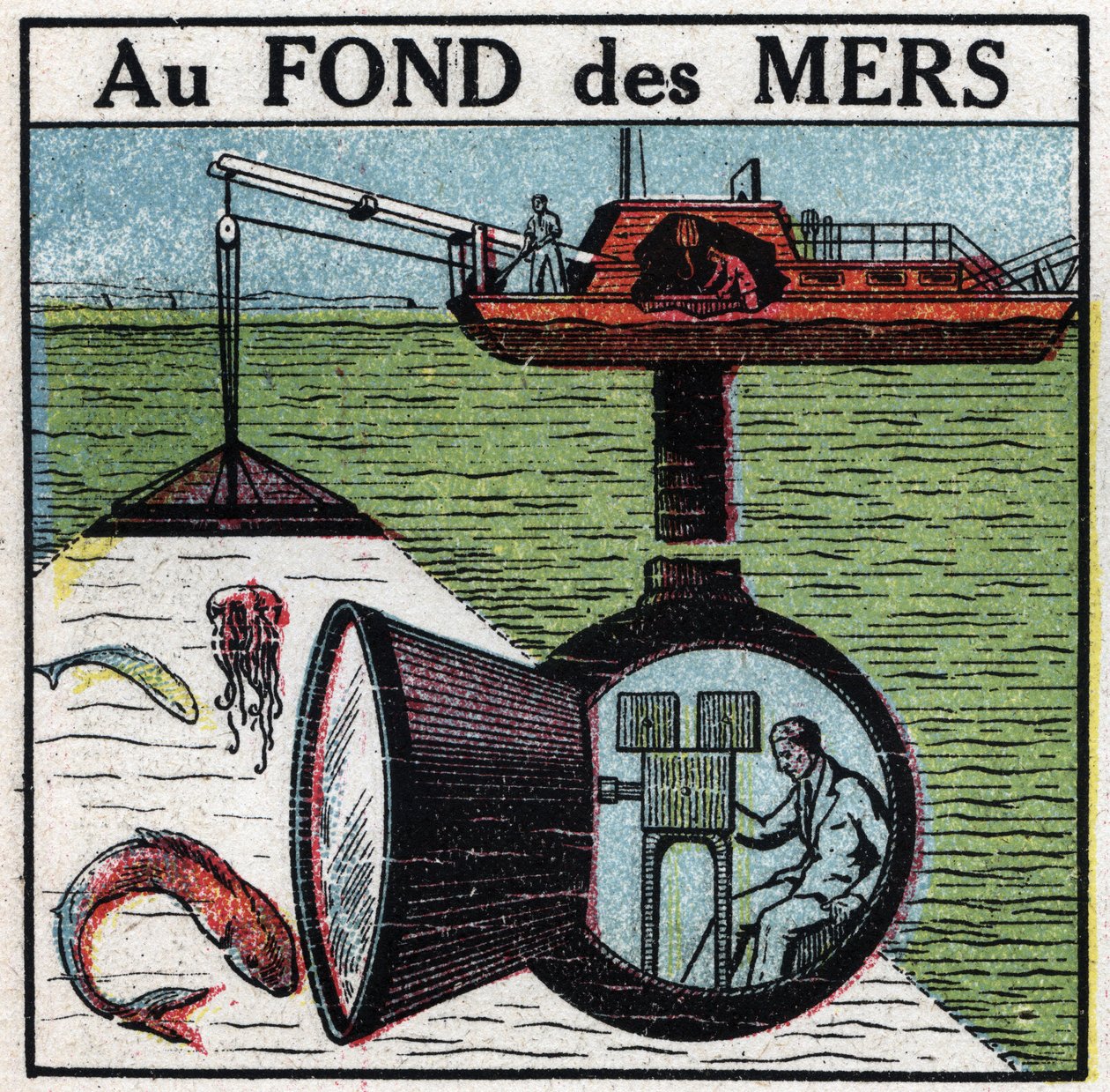 Kinematograf: filmer på bunnen av havet. Anonym illustrasjon fra 1925. Privat samling. av Anonymous Anonymous