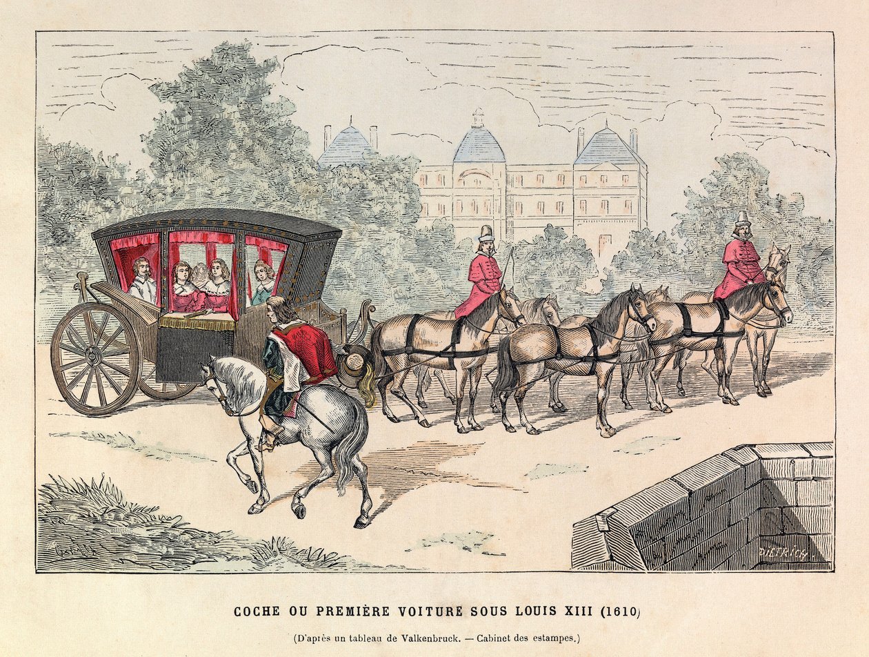 Coche eller første vogn under kong Louis XIIIs regjeringstid (1601 - 1643) - Buss, regjeringstid til Louis XIII av Frankrike - privat samling av Anonymous Anonymous