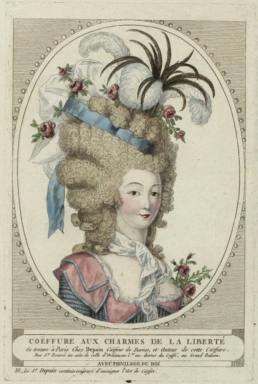 Coiffure Aux Charmes De La Liberte, Anonym. Kobberstikk, akvarell, ca. 1790, Privat samling av Anonymous Anonymous