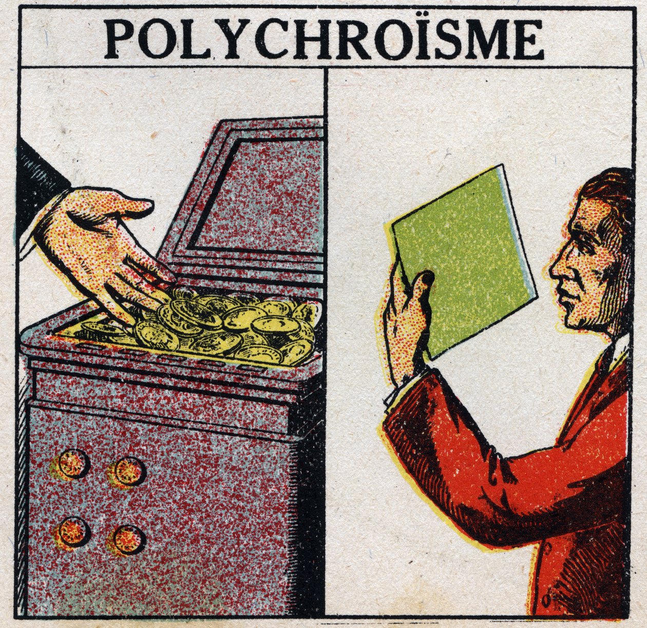 Farger: polykroisme. Gullmynter er gule, men tynnlagsgull er grønn i fargen. Anonym illustrasjon fra 1925. Privat samling. av Anonymous Anonymous