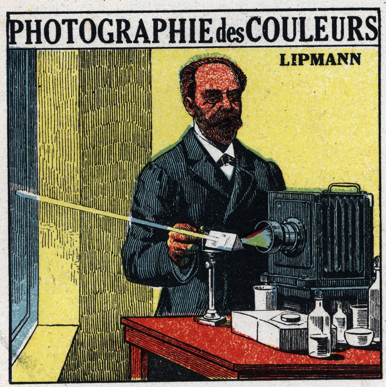 Fargefotografi: prosessen oppfunnet av Gabriel Lippmann (1845-1921) i 1891. Anonym illustrasjon fra 1925. Privat samling. av Anonymous Anonymous
