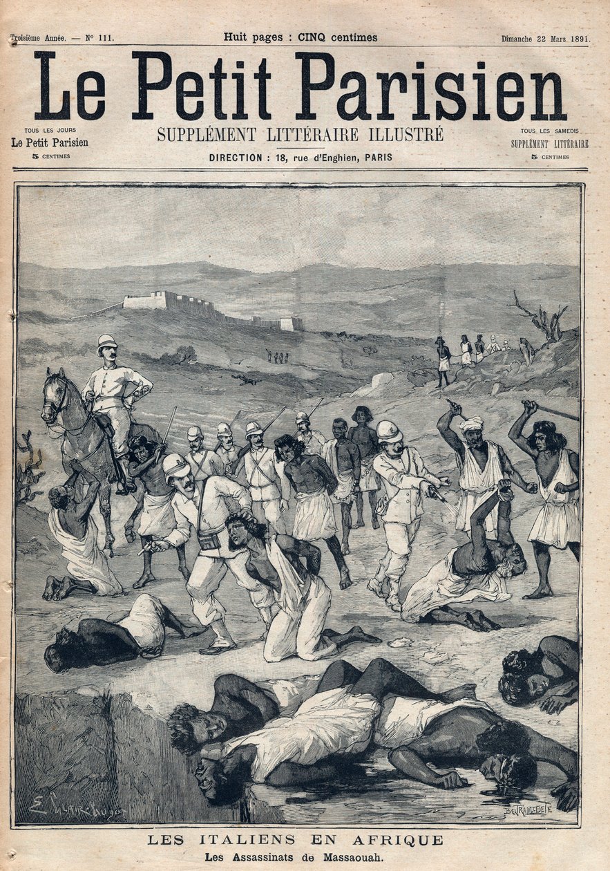 Erobre Erytreen av Italia. Drapene på Massaouah (Erythree). Gravering i "" Le petit Parisien"" av 22-03-1891. Privat samling. av Anonymous Anonymous