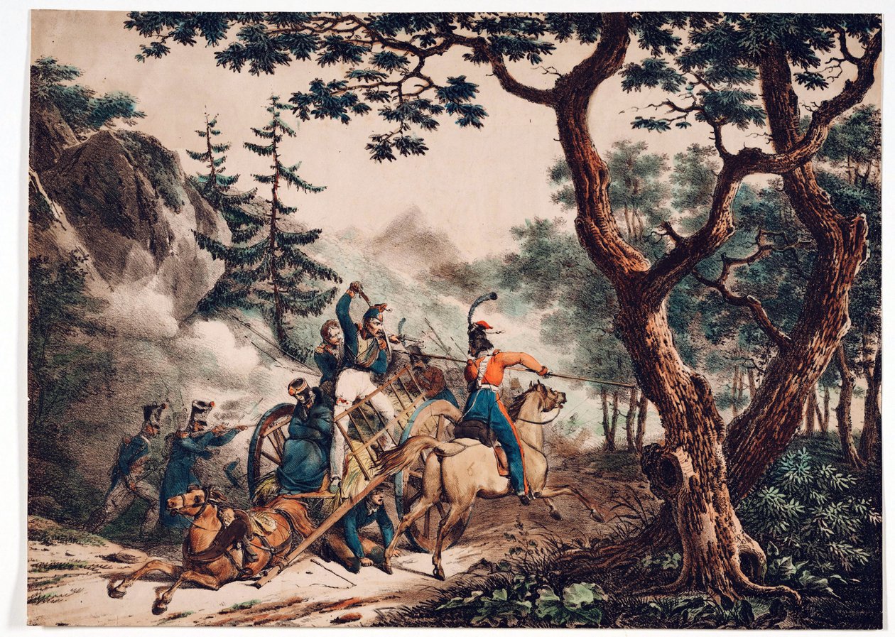 Kosakker angriper franske soldater i en skog - Anonym - 1825 - Fargelitografi - 52x72 - Privat samling av Anonymous Anonymous