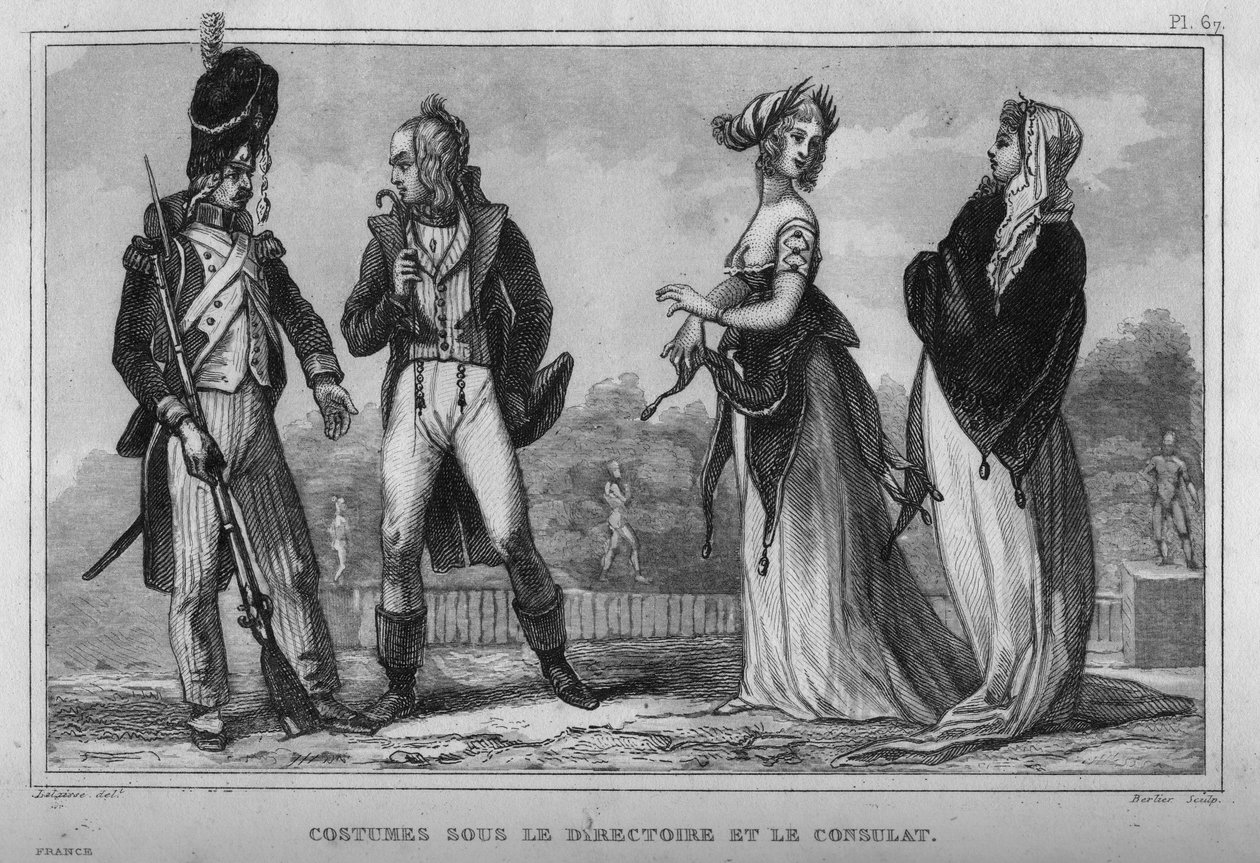 Kostyme i hovedstyret og konsulatet. Gravering fra 1859 i “” Le Monde. Alle folkeslags historie fra de fjerneste tider til i dag». av M. E. de Lostalot-Bachoue (Lostalot Bachoue). Privat samling. av Anonymous Anonymous