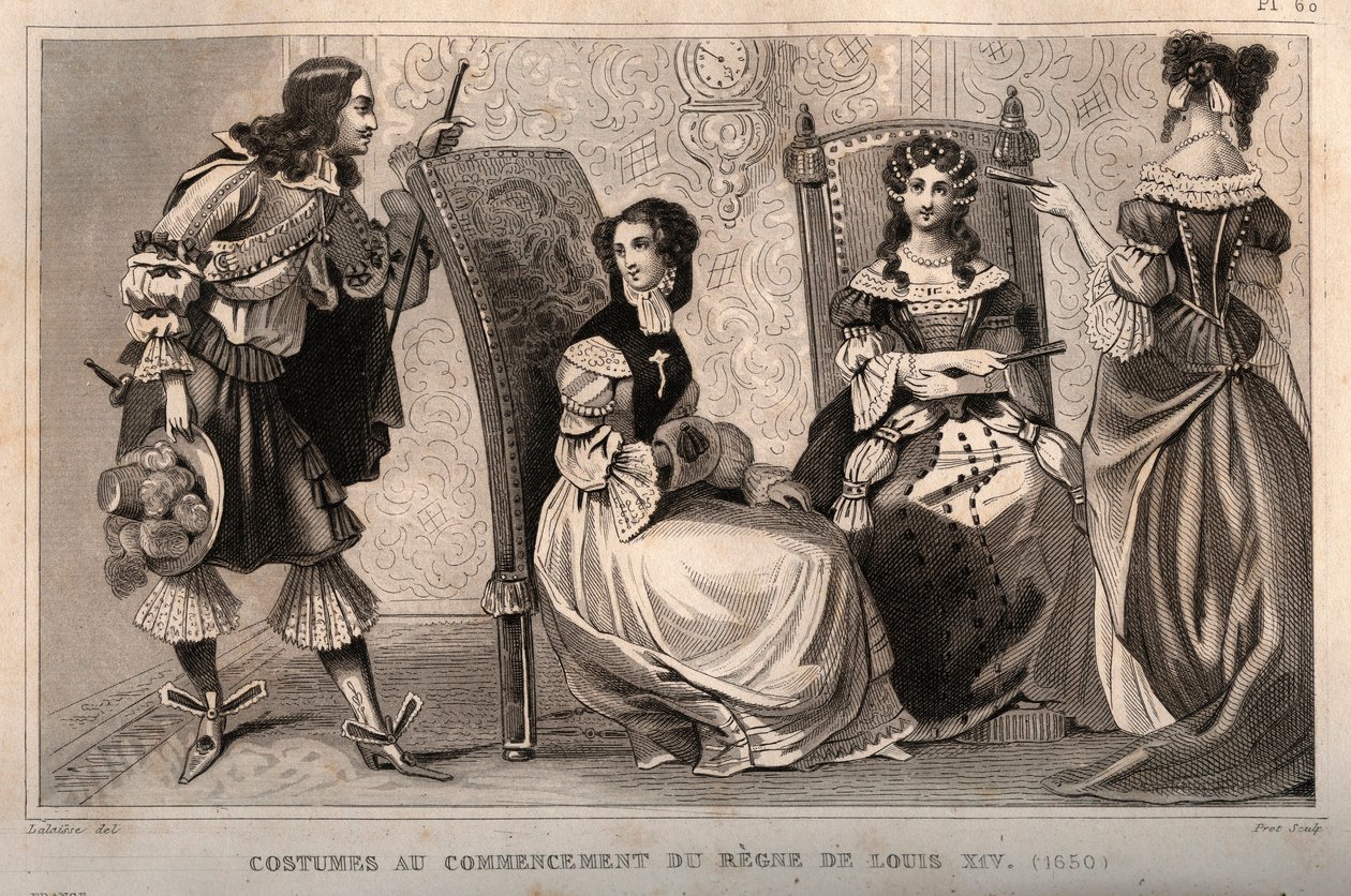 Kostymer i begynnelsen av Ludvig XIVs regne (1650). Gravering fra 1859 i “” Le Monde. Alle folkeslags historie fra de fjerneste tider til i dag». av M. E. de Lostalot-Bachoue (Lostalot Bachoue). Privat samling. av Anonymous Anonymous