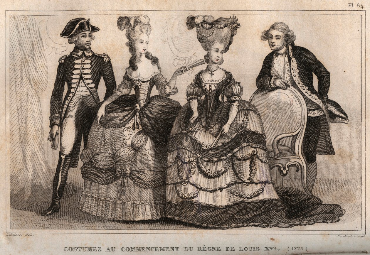 Kostymer i begynnelsen av Ludvig XVIs regne (1775). Gravering fra 1859 i “” Le Monde. Alle folkeslags historie fra de fjerneste tider til i dag». av M. E. de Lostalot-Bachoue (Lostalot Bachoue). Privat samling. av Anonymous Anonymous