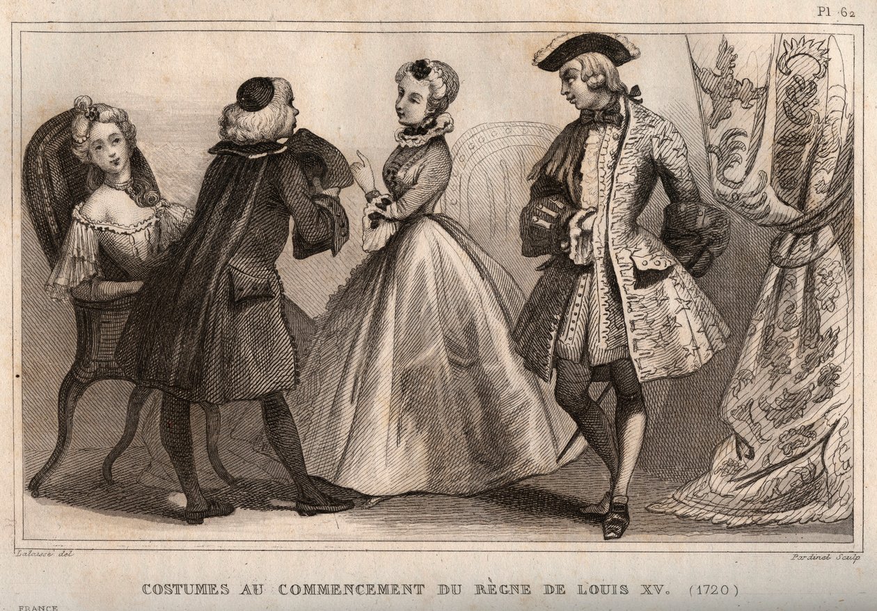 Kostymer i begynnelsen av Ludvig XVs regne (1720). Gravering fra 1859 i “” Le Monde. Alle folkeslags historie fra de fjerneste tider til i dag». av M. E. de Lostalot-Bachoue (Lostalot Bachoue). Privat samling. av Anonymous Anonymous