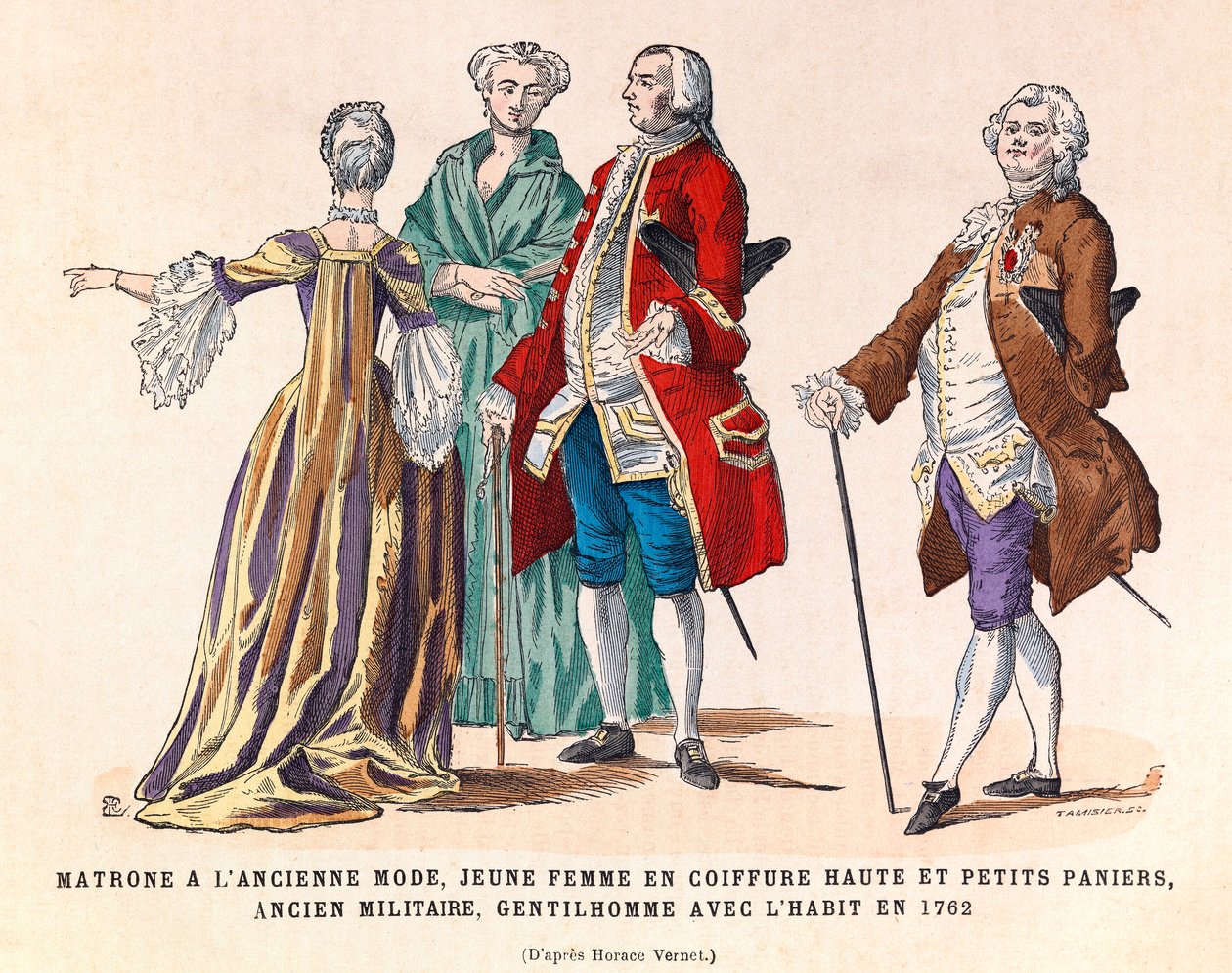 Kostymer til en gammel fasjonabel matrone, en ung kvinne i høy frisyre og små kurver, en tidligere militærmann og en herre i dress i 1762 (regne av kong Louis XV) - privat samling av Anonymous Anonymous