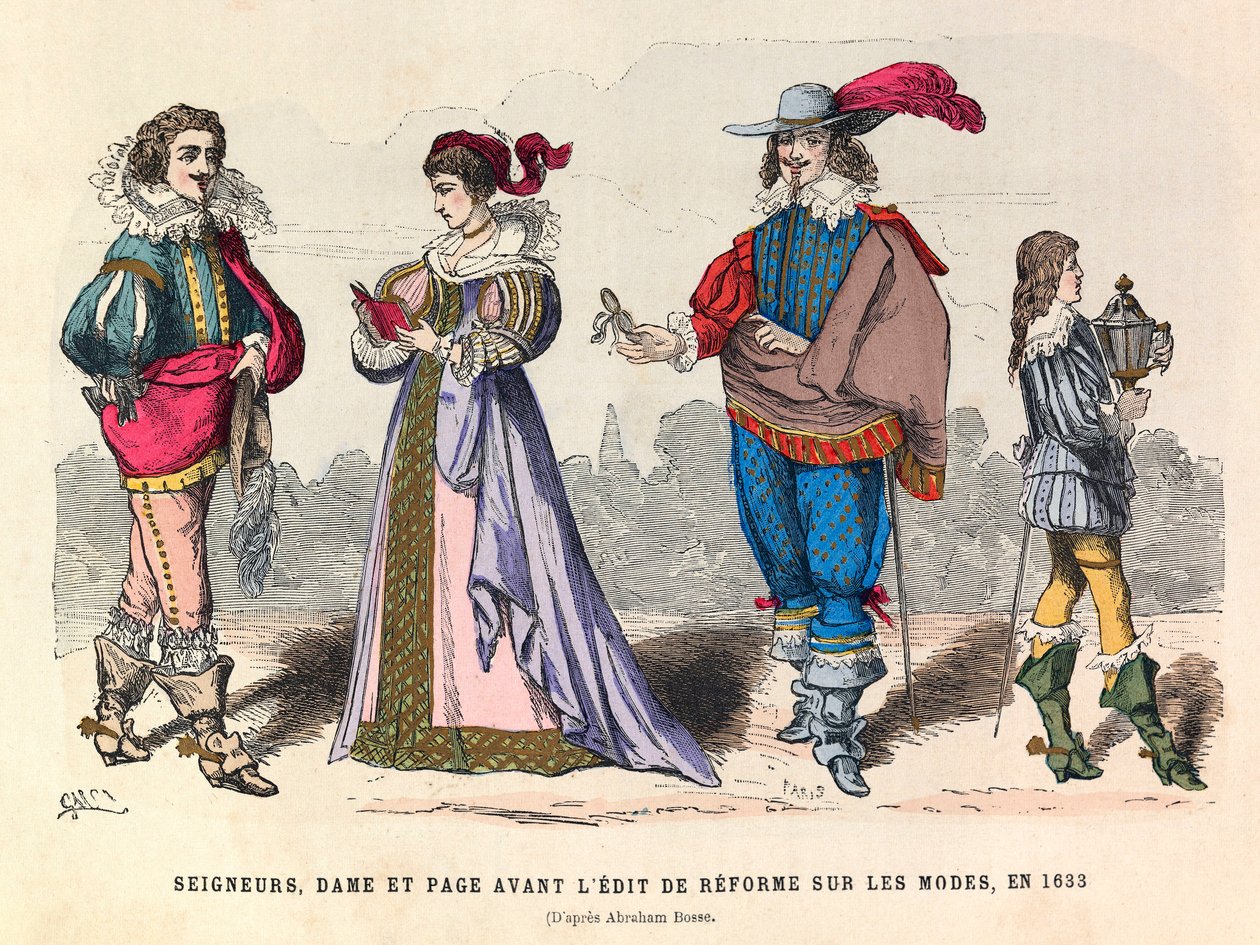 Kostymer av herrer, dame og side før redigeringen av reformen om mote i Paris i 1633 - privat samling av Anonymous Anonymous