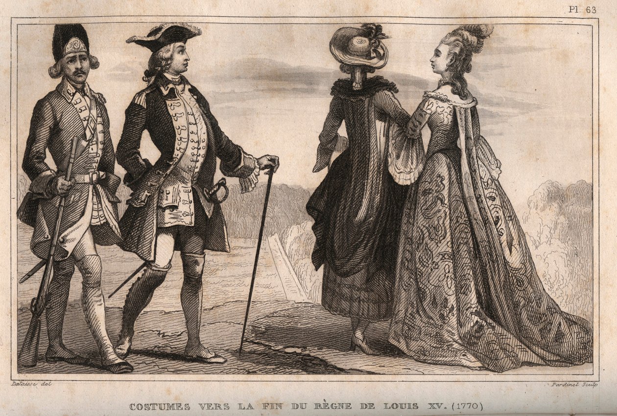 Kostymer mot slutten av kong Ludvig XVs regjeringstid (1770). Gravering fra 1859 i “” Le Monde. Alle folkeslags historie fra de fjerneste tider til i dag». av M. E. de Lostalot-Bachoue (Lostalot Bachoue). Privat samling. av Anonymous Anonymous
