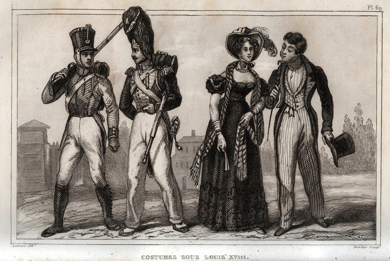Kostymer under Louis XVIII. Gravering fra 1859 i “” Le Monde. Alle folkeslags historie fra de fjerneste tider til i dag». av ME de Lostalot-Bachoue (Lostalot Bachoue). Privat samling. av Anonymous Anonymous