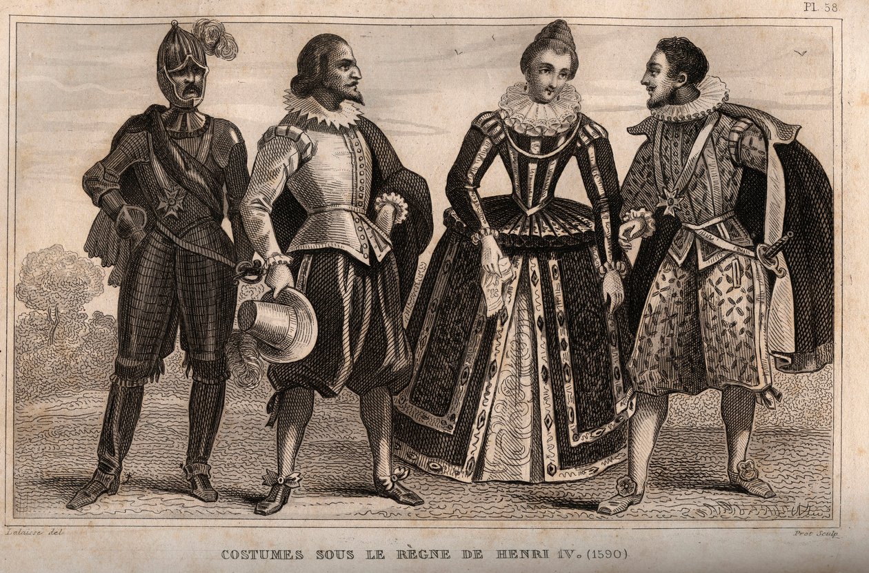 Kostymer under styret til Henry IV (1590). Gravering fra 1859 i “” Le Monde. Alle folkeslags historie fra de fjerneste tider til i dag». av M. E. de Lostalot-Bachoue (Lostalot Bachoue). Privat samling. av Anonymous Anonymous