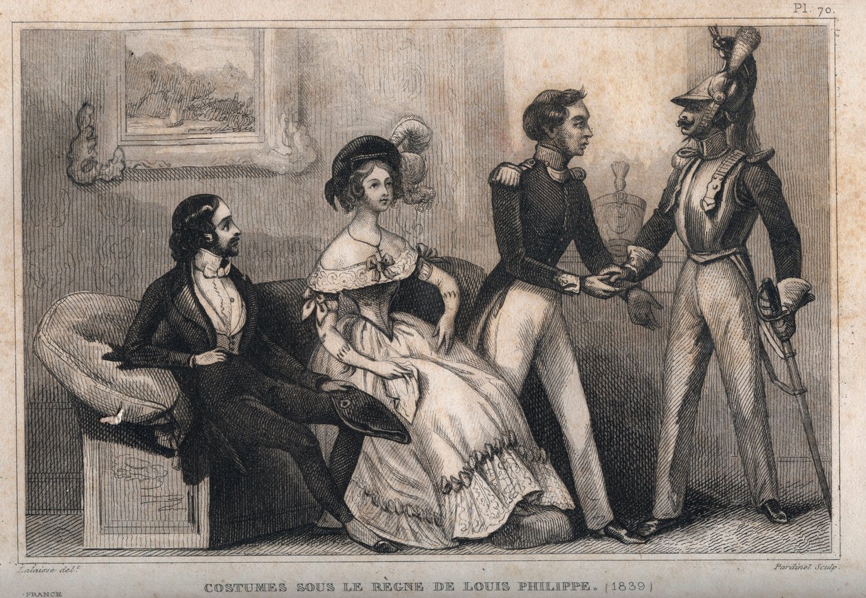 Kostymer under styret til Louis Philippe (1839). Gravering fra 1859 i “” Le Monde. Alle folkeslags historie fra de fjerneste tider til i dag». av M. E. de Lostalot-Bachoue (Lostalot Bachoue). Privat samling. av Anonymous Anonymous